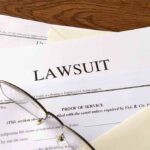 Documents labeled "Lawsuit" with glasses on top.