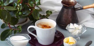 Coffee with ingredients butter cream and spices