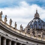 St. Peter's Basilica dome with statues and clouds.