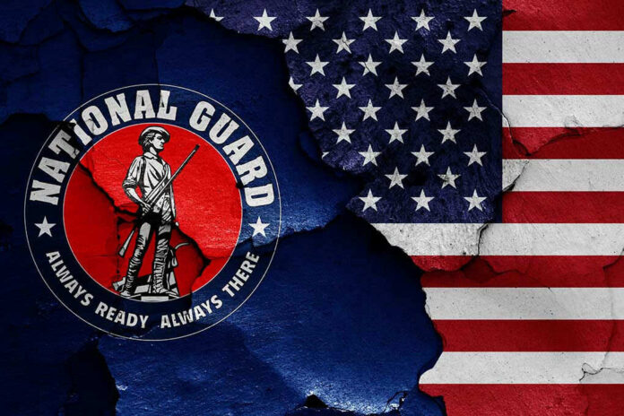 1787937674 National Guard logo over a distressed American flag