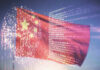 Chinese flag over digital code background