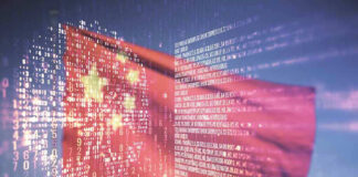 Chinese flag over digital code background