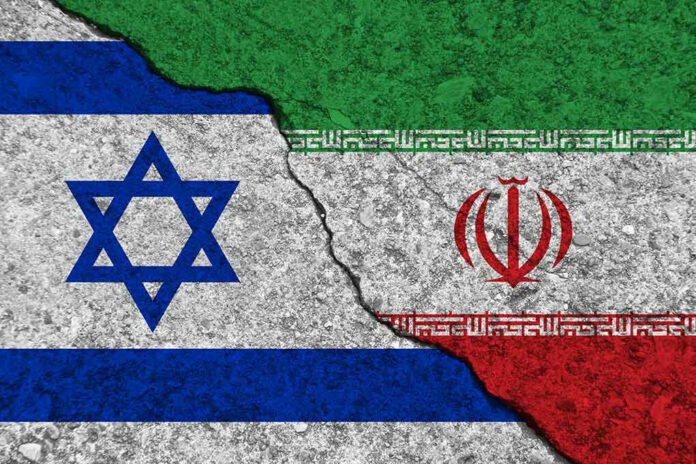Israeli and Iranian flags divided by a cracked line