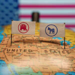 Far-Left Teachers Weeded Out by New Test! Republican and Democratic flags on USA map background.