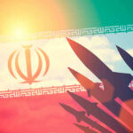 Silhouettes of missiles over Iran's flag graphic.