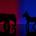 Explosive Mayoral Debate: Candidate Storms Out! Elephant and donkey silhouettes on red and blue backgrounds.