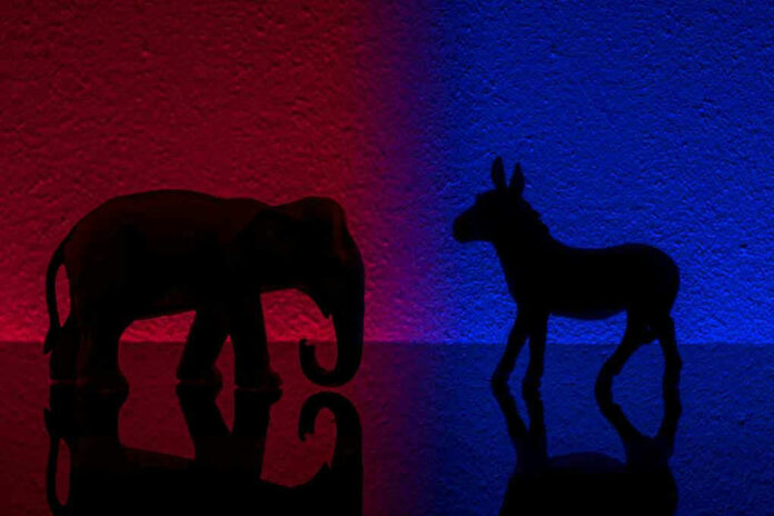 Elephant and donkey silhouettes on red and blue backgrounds.