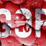 GOP Candidate Campaign Trailing – Trump Not Endorsing! Cracked wall featuring the GOP logo in red and white