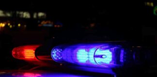 Close-up of police lights flashing in blue and red at night