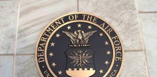 Bronze seal of the Department of the Air Force on a tiled surface