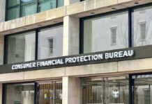 Consumer Financial Protection Bureau building entrance sign.