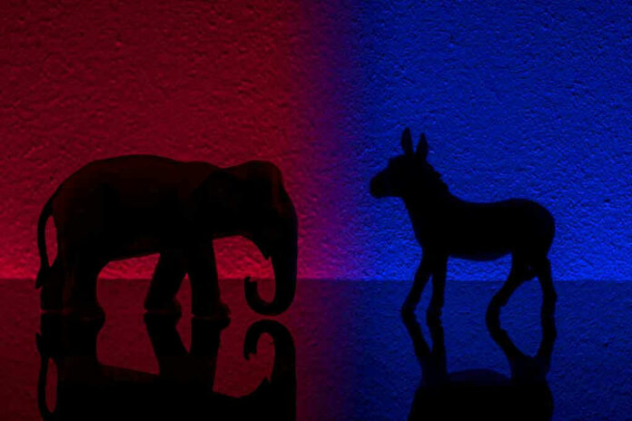 Elephant and donkey silhouettes on red and blue backgrounds.