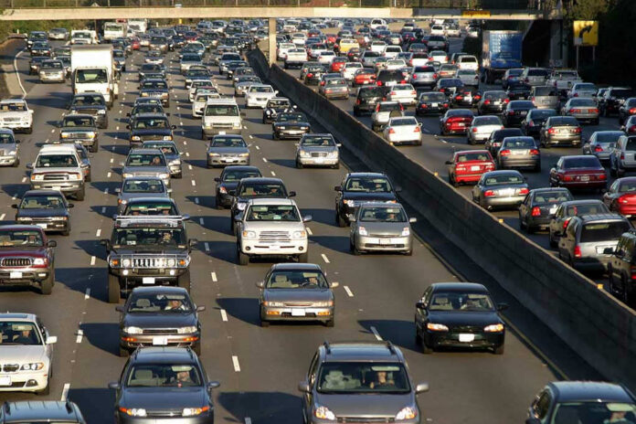 2916753 Heavy traffic on a multi-lane highway.
