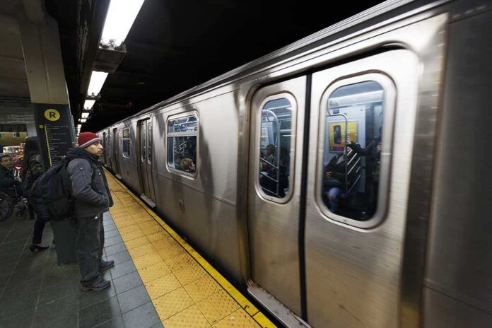 New,York,-,November,6:,Commuters,Standing,On,The,42nd A commuter waiting at a subway station as a train approaches