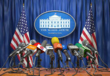 Trump BOOTS OUT Press Over Infuriating Iran Question Multiple microphones at White House press briefing podium.