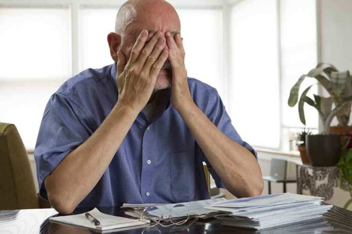 shutterstock_143469940 Elderly man sitting at a table with his hands covering his face, surrounded by paperwork