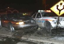 State Trooper SLAMMED By Drunk Driver! A damaged car and a police vehicle involved in a nighttime accident