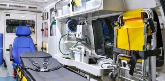 Ambulance interior with stretcher and medical equipment