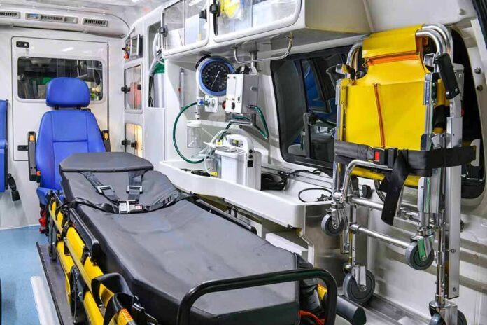 shutterstock_1147891295 Ambulance interior with stretcher and medical equipment