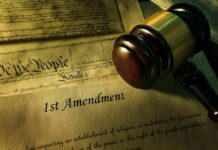 Judge's gavel on First Amendment document