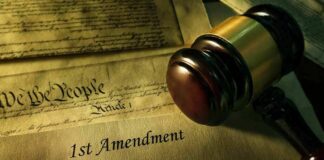 Judge's gavel on First Amendment document