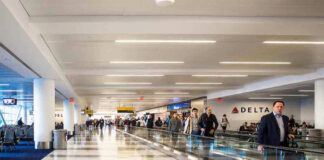 Airport terminal with passengers on a moving walkway