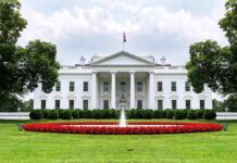 The White House with fountain and red flower bed