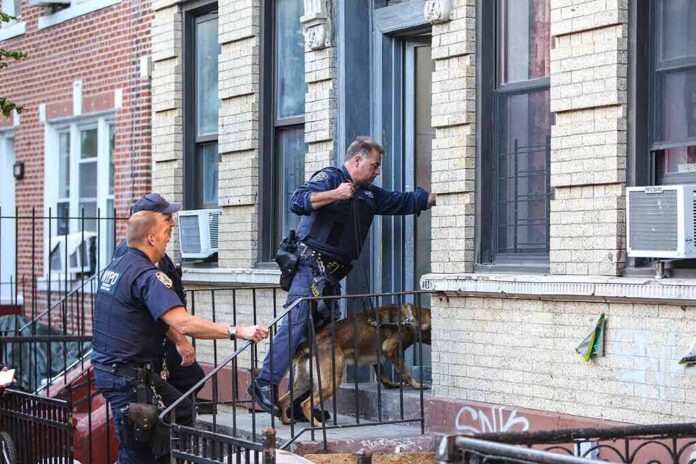 shutterstock_156304121 Police officers with a K9 at an apartment entrance