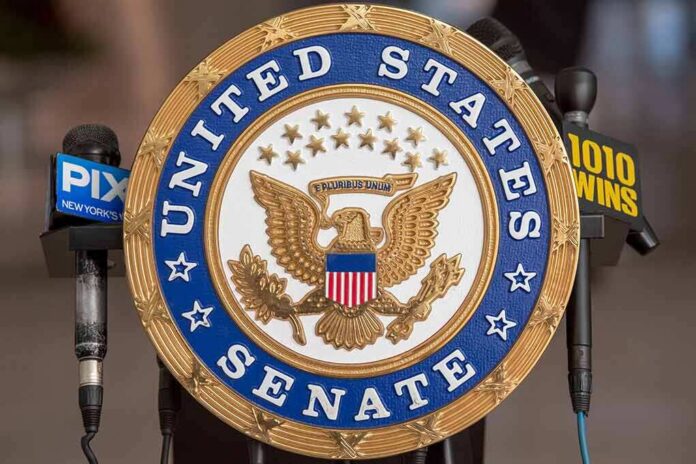 shutterstock_2130082274 United States Senate seal at a podium