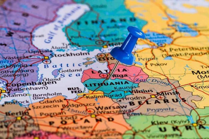 Map of the Baltic region with a blue pushpin marking Lithuania