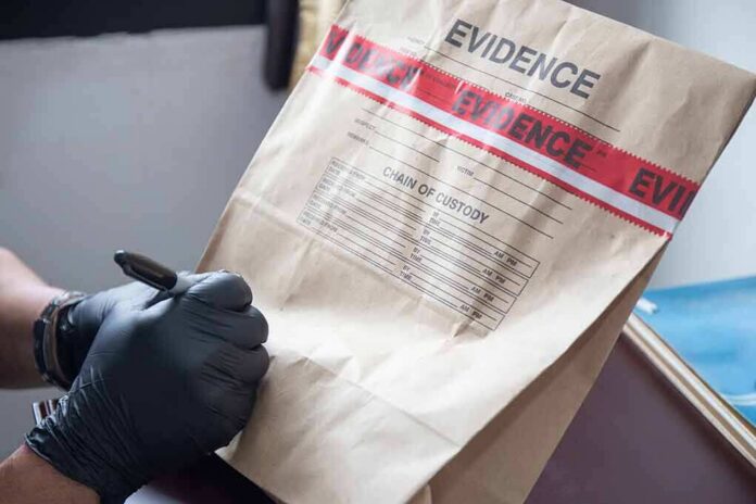 Gloved hands labeling a sealed evidence bag
