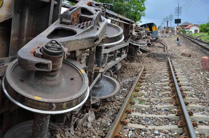 shutterstock_675668563 Overturned train cars beside railway tracks