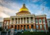 Massachusetts State House with golden dome and columns