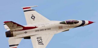 USAF fighter jet in flight against clear sky