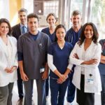Group of healthcare professionals posing in a hospital corridor