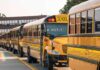 Students TRAPPED, Four-Hour Bus Ordeal Shocks City Row of yellow school buses parked outside a brick school