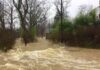 Flooded residential street with fast-moving muddy water