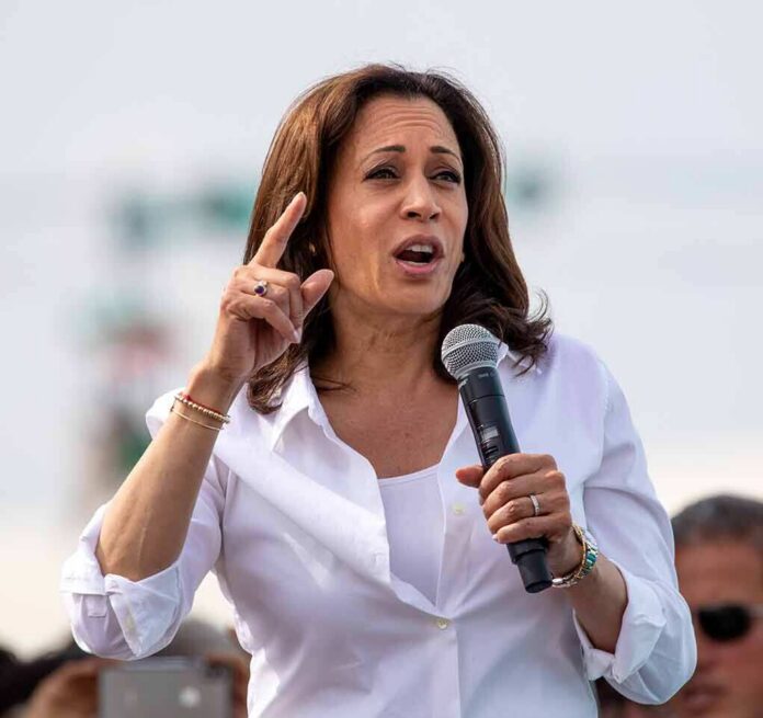 Kamala Harris speaking into a handheld microphone outdoors