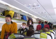 Passengers with masks boarding an airplane cabin