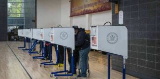 Voters at polling booths in a gymnasium