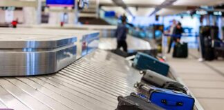 Luggage on an airport baggage carousel