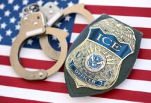 Dem Candidate Hires ILLEGAL Migrant – Immediately Arrested! ICE officer badge and handcuffs on an American flag