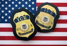ICE Shooting Halts Deportation – Judge Steps In ICE badges on an American flag background