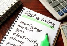 Budget notebook with cost of living list, calculator, and cash